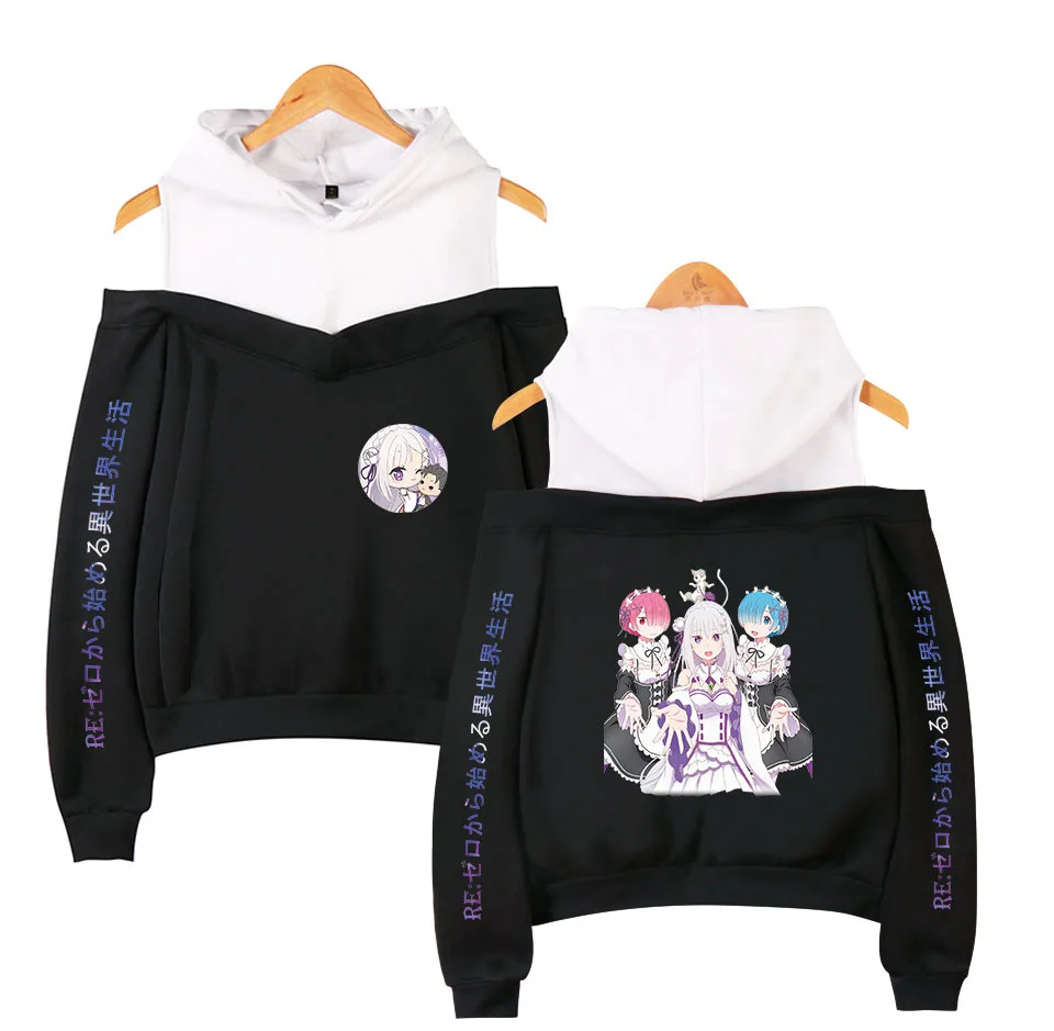 

Anime Re:zero Twin Ram Rem Pink Hoodie Harajuku Off Shoulder girl Hooded Sweatshirts Casual Women Streetwear Pullovers sudaderas