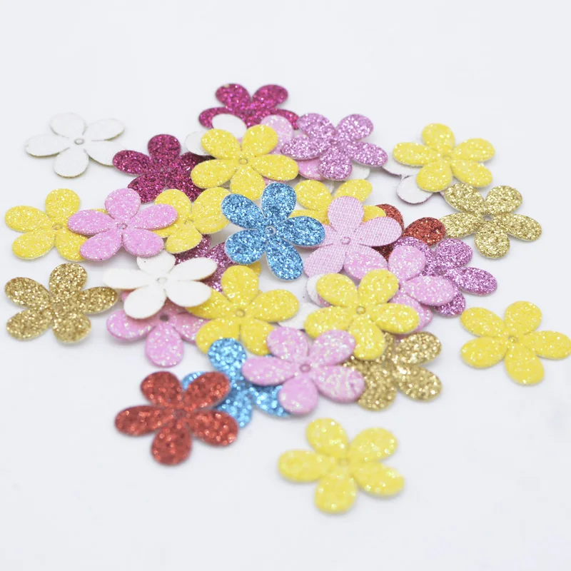 100 Pz/lotto Misto Glitter In Pelle Forma di Fiore Appliques per Vestiti FAI DA TE Mestiere Forniture Per Cucire Copricapi Cappello Decor Accessori