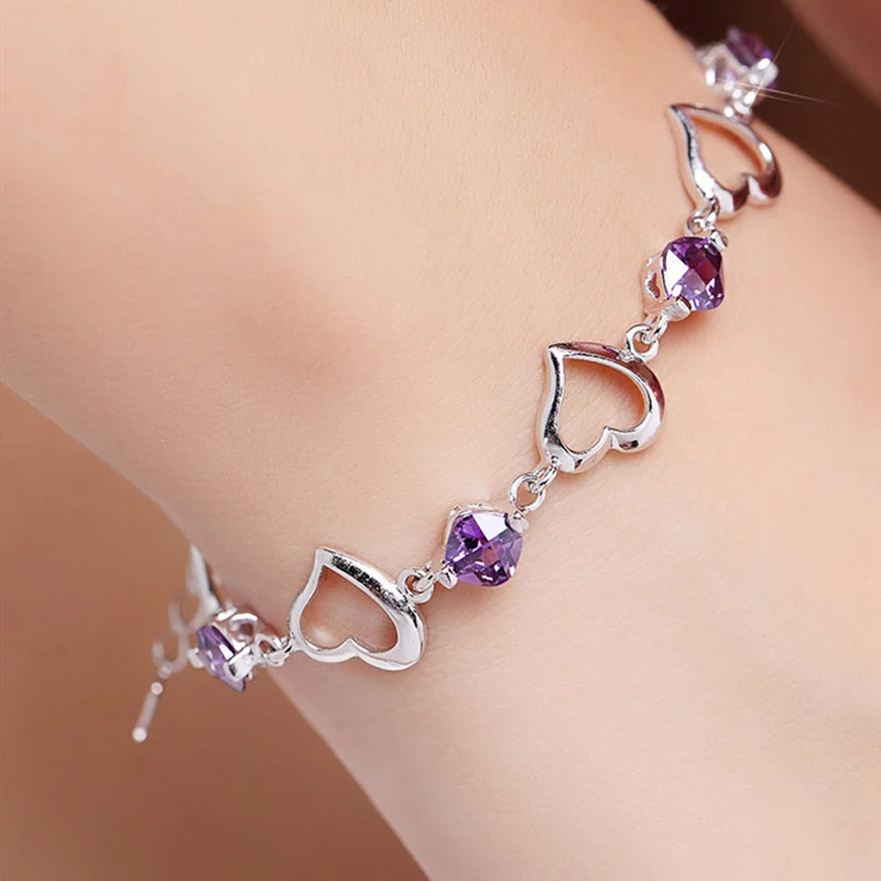 High Quality  925 Silver Colour Bracelet Heart Purple Crystal Zircon Bracelet For Woman Party Engagement Jewelry Gift