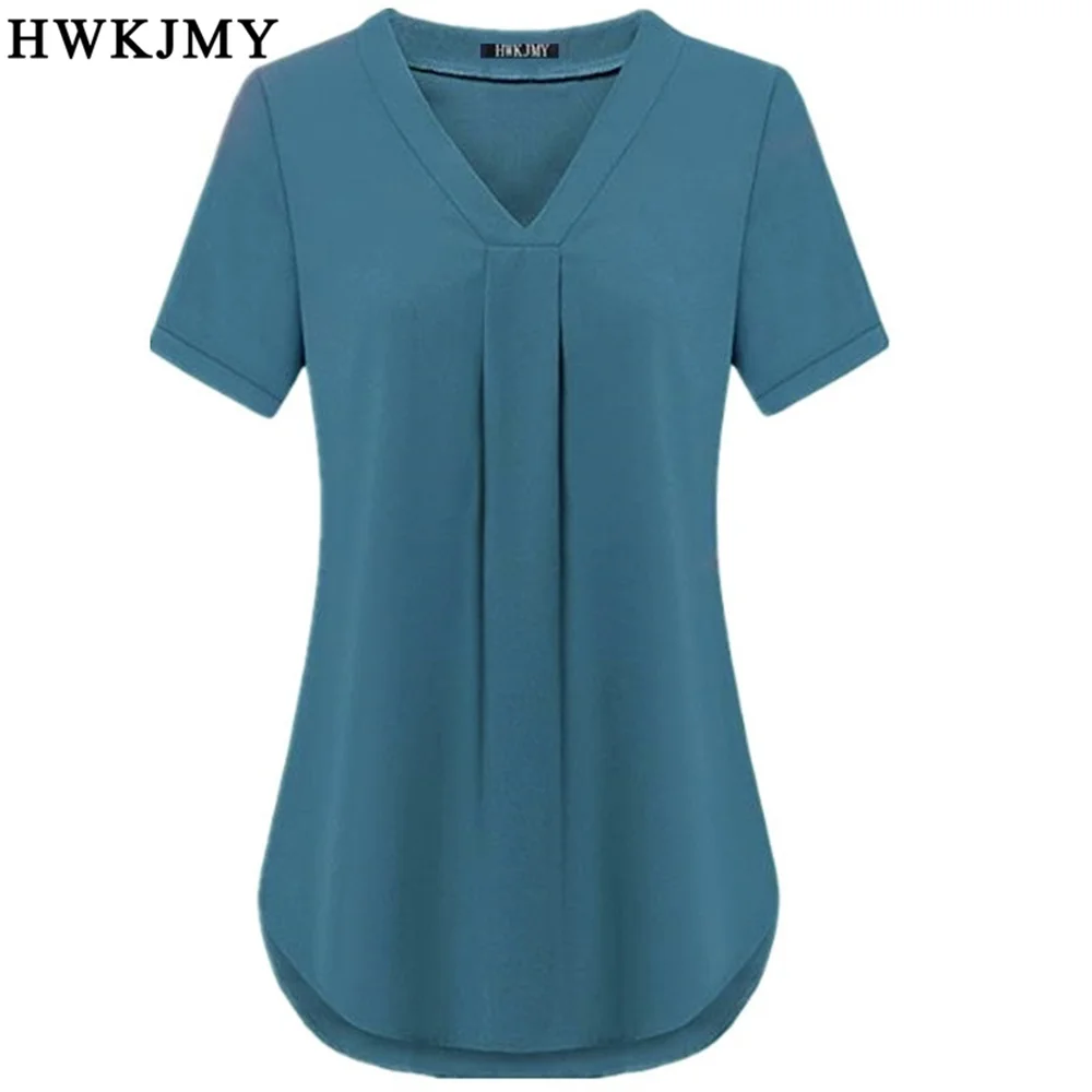 Summer Women's Clothing Casua Sexy V-neck Short Sleeve Shirt Solid Color Loose Pleated Chiffon T-shirt Tops Ladies Tee S-6XL