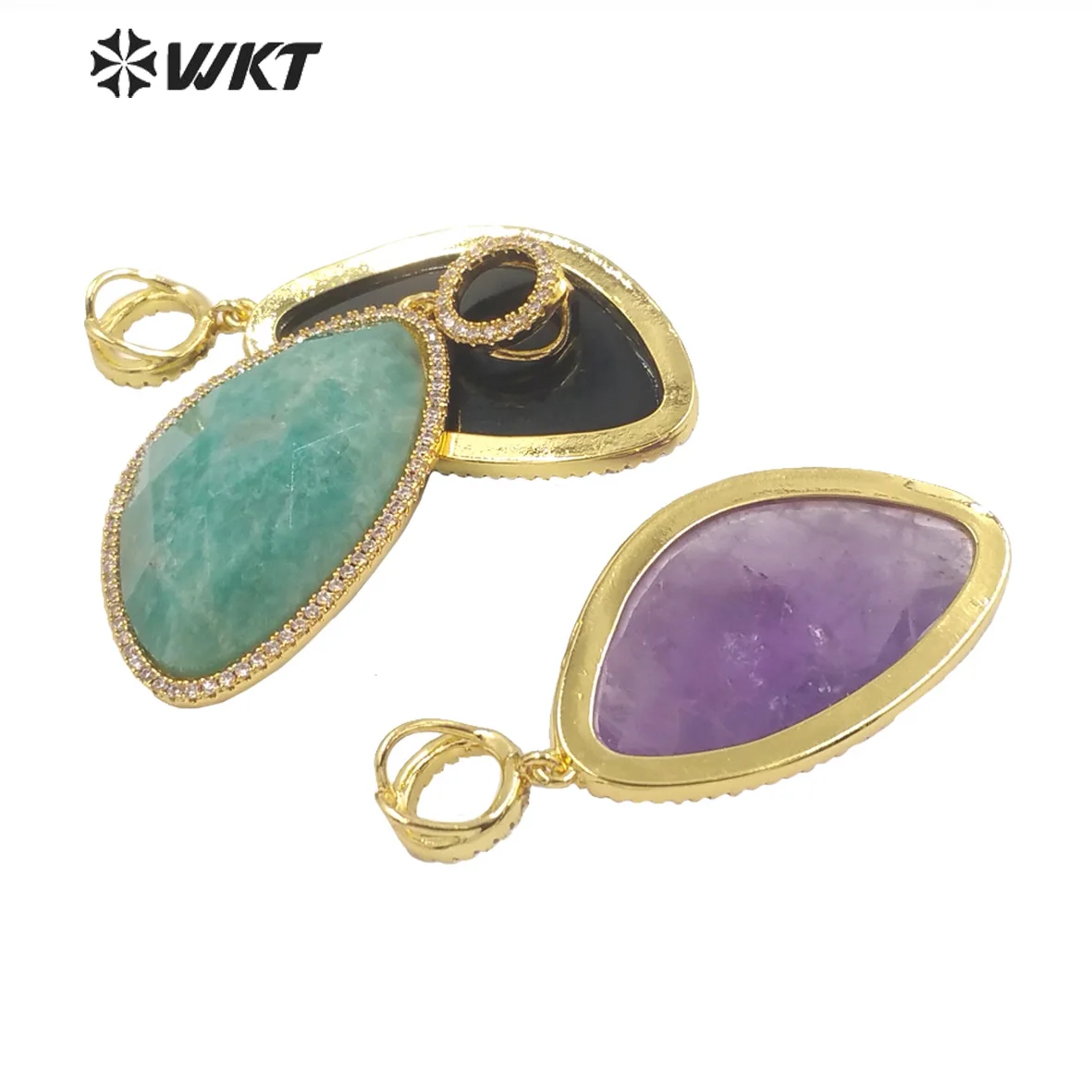WT-MP239 WKT Gorgeous Gold Plated Irregular Oval Shape Micropave CZ Gemstones Pendant Charms Jewelry Accessory Earings Necklaces