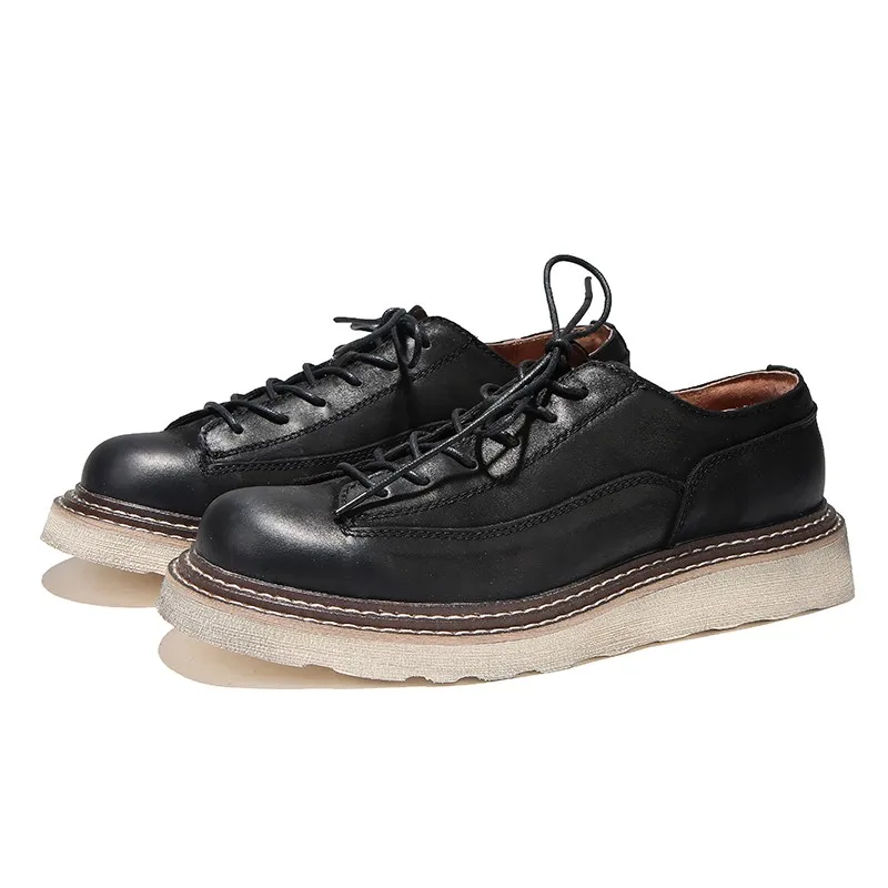 Fashion Men Autumn Business Round Toe Dress Shoes 100% Genuine Leather Shoes England Style Vintage Lace Up Platform Shoes