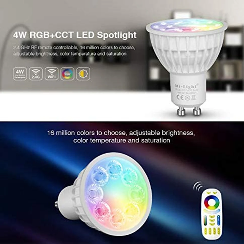 Mi Light Dimmable 4W GU10 Led Bulb RGB CCT (2700-6500K)  Lamp Indoor Decoration + 2.4G RF LED Remote Control Home lighting