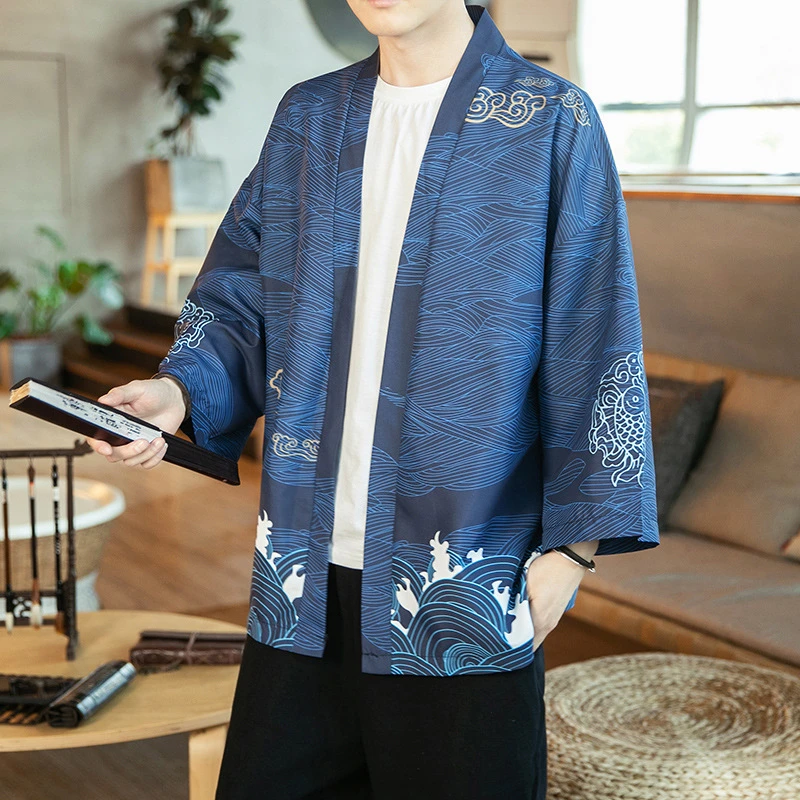 

Men Robe Full Sleeve Japan Shirt Kimono Haori Jacket Harajuku KOI Dragon Print Oriental Cusual Loose Oversize Fashion Outfits