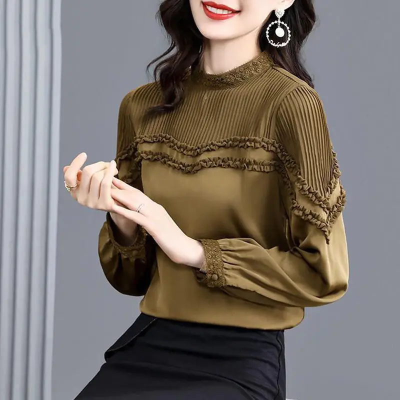 

Half-high Collar With Western Style T-shirt Long-sleeved Top Autumn 2023 Stitching Fashion Solid Bottoming Shirt Women Clothing