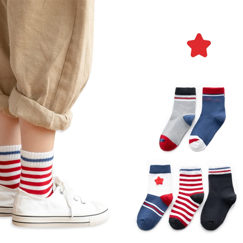 5Paris/lot Kids Socks Autumn Winter Cotton Baby Socks Red Star Cool Children Socks Fashion Striped Boys Socks