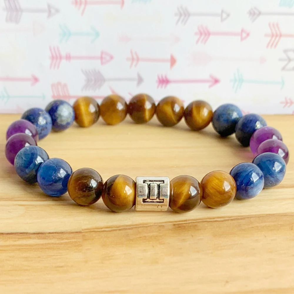 MG1305 Women`s Gemini Zodiac Bracelet Natural Lapis Lazuli Yoga Mala Bracelet AA Grade Blue Kyanite Amethyst Wrist Mala Bracelet