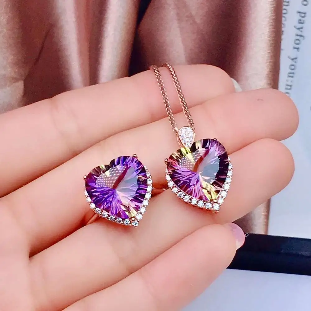 love Heart Style Natural Ametrine jewelry set Natural Real Ametrine 925 sterling silver 1pc pendant,1pc ring