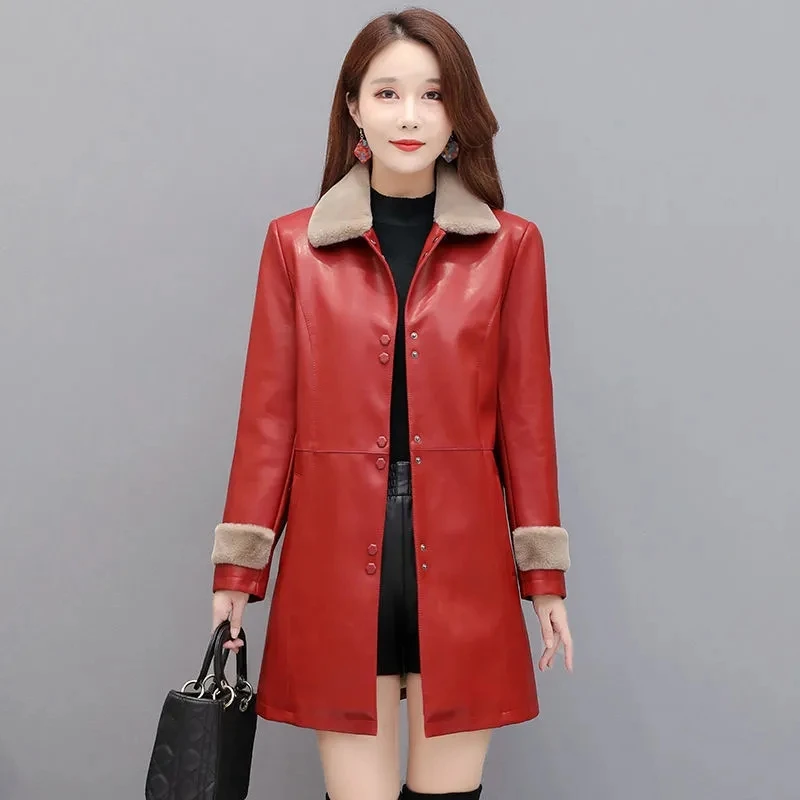 Leather Parka 2022 Winter New PU Leather Jacket Women's Autumn Mid-Long Velvet Thick Warm And Windshield Mother's Outcoat Black