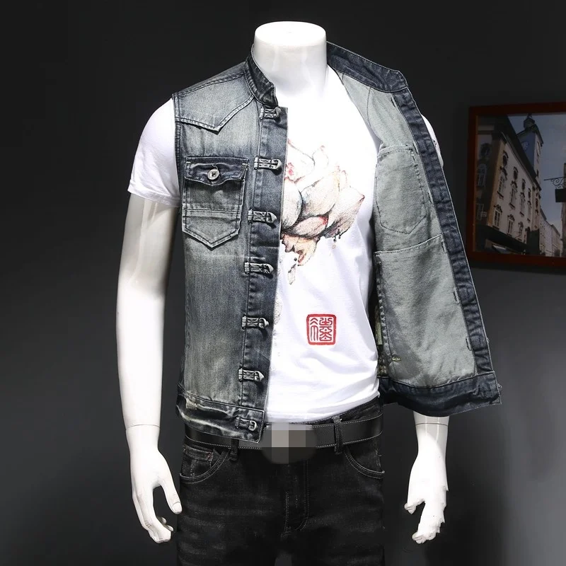 

Stand Motorcycle Collar Denim Vest Men Fashion Plus Size 4XL Biker Slim Single Breasted Waistcoat Sleeveless Jacket Male