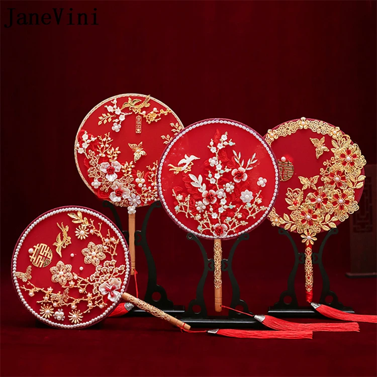 JaneVini Chinese Elegant Red Lace Appliques Bridal Bouquet Fan Type Handmade Flowers Pearls Metal Round Fan Wedding Accessories