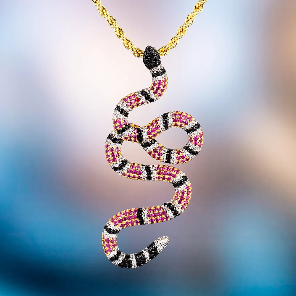 

DNSCHIC Iced Out Animal Pendant Coral Snake 5A CZ Multicolored Hip Hop Pendant for Men Women with 3MM Twist Chain Rapper Gift