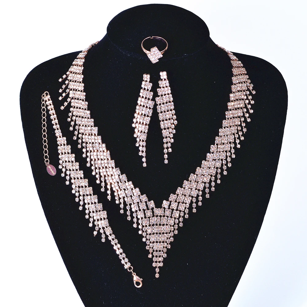 A set of tassel rhinestone V-shaped necklace set, square crystal jewelry, necklace, earrings, bracelet and ring 4-piece set