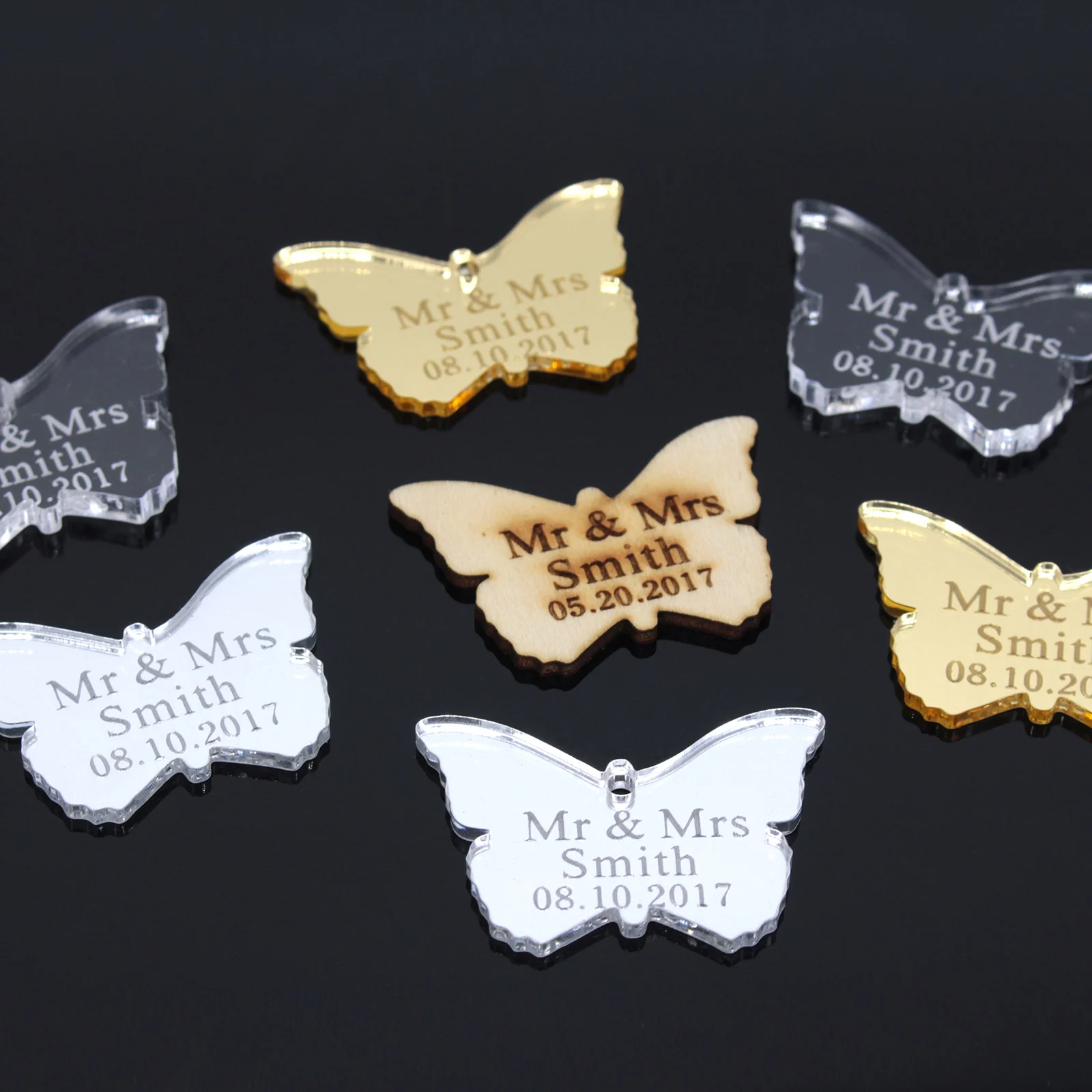 

50*Personalized Wedding Acrylic Wine Decoration Rustic Custom Bridal Shower Baby Baptism Name Butterfly Tag Gift Tag Decoration