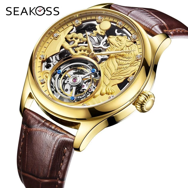 Luxury Gold Tiger Skeleton Dial Men Tourbillon Mechanical Watch Zodiac Clock Crocodile Leather Man Wristwatches Free Print LOGO