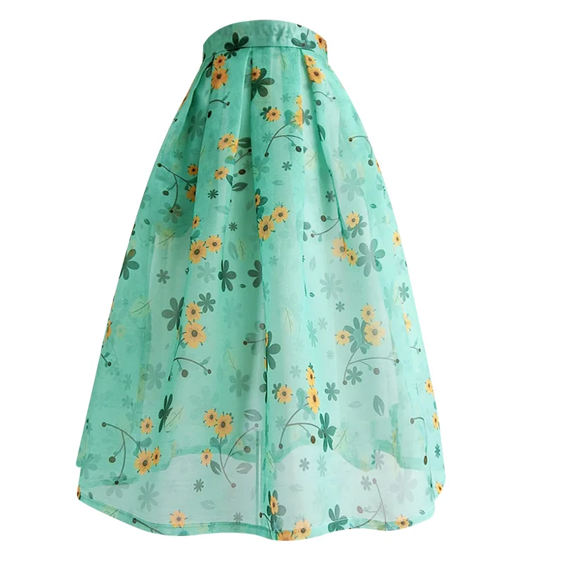 

2022 summer vintage printed Organza umbrella skirt women high waist knee length ball gown skirt