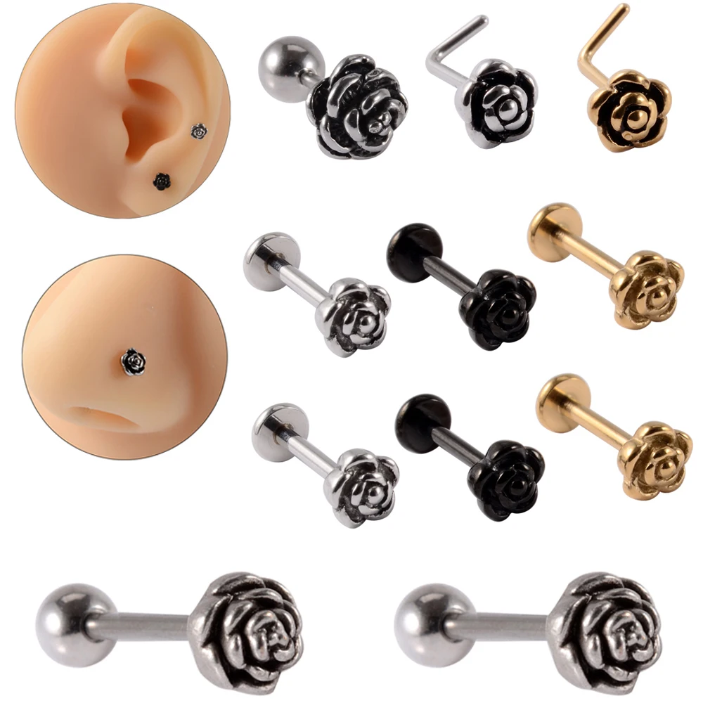 CHUANCI 1 Piece Steel Rose Rose Shape Tongue Ring Ear Septum Nipple Piercing Bar Bell Navel Lip Eyebrow Piercing Body Jewelry