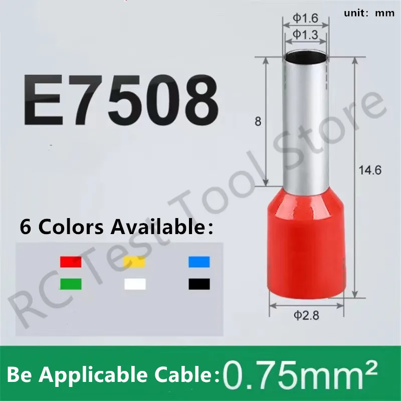 100pcs/Pack E7508 Insulated Ferrules Terminal Block Cord End Wire 20AWG Connector Electrical Crimp Terminator 0.75mm²