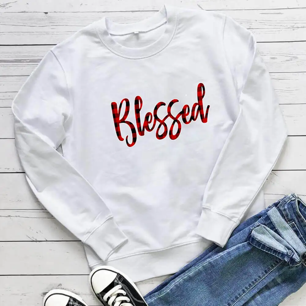 

Blessed Plaid Printed 100%Cotton Women Sweatshirt Christian Spring Autumn O-Neck Pullovers Long Sleeve Top Faith Sweatshirts