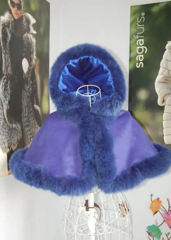 Custom Children Cashmere Cape With Straight Fox Fur Kids Fur Trim Cashmere Poncho