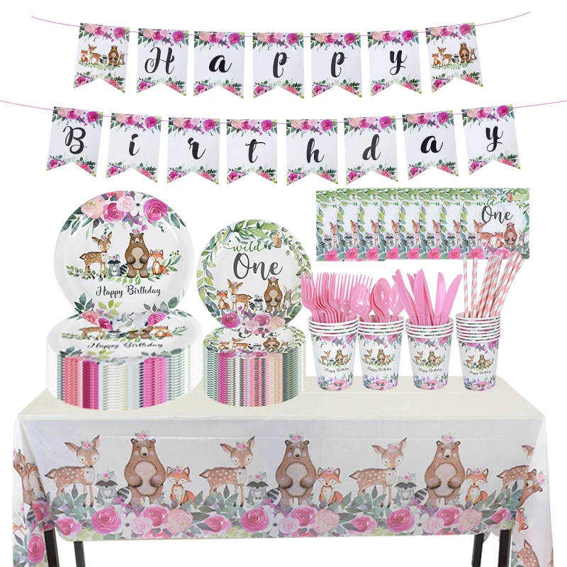 Ensemble de vaisselle jetable bois forêt, assiettes, tasses, animaux Zoo renard ours cerf, décoration de fête prénatale anniversaire