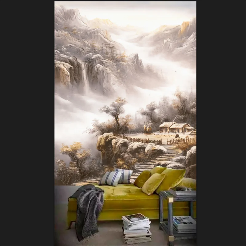 

wellyu Custom mural color carving marble landscape Chinese painting mountain porch background wallpaper