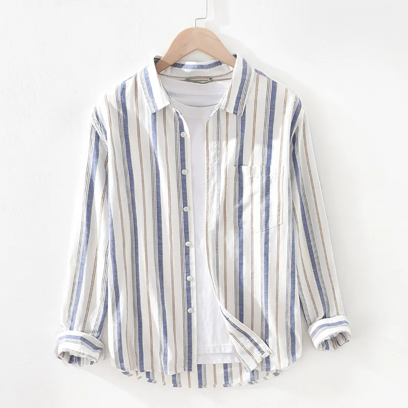 

Men's Cotton Linen Long Sleeve Shirts Striped Business Dress Shirt Men Fashion Casual Shirts Male Camisa Streetwears TS-738