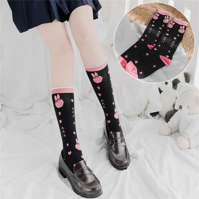 Harajuku Cute Strawberry Women High Socks Japanese Style Lolita Korean Kawaii Print Anime Girls Jk Funny Black Long Socks Set