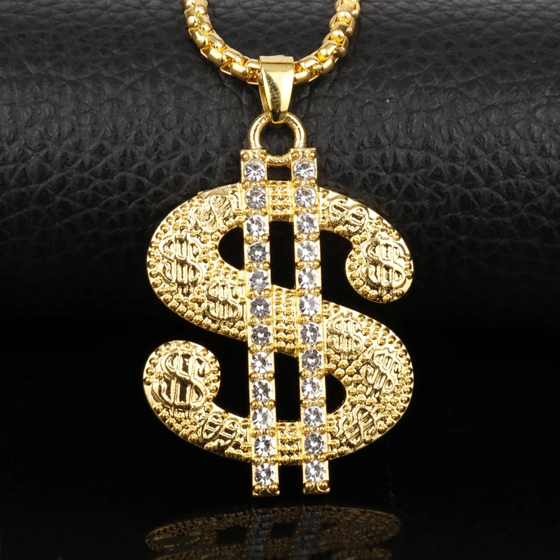 Hip Hop Rap Gold Color US Dollar Pendant Necklace Chain Accessories Enamel Jewelry Rhinestone Money Dollar Logo Men Gifts