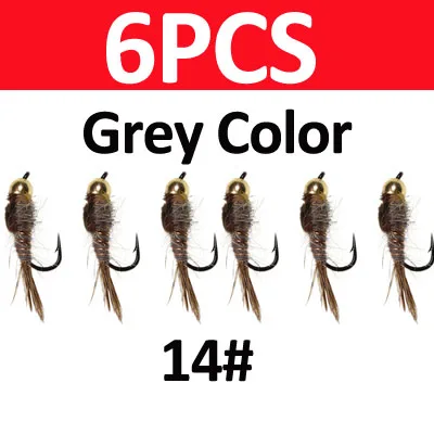 6 stuks # 14 Brass Bead Head Hare's Ear Nymph Fly Snel Zinkende Natuurlijke Fazantenstaart Natte Vliegen Forel Baars Grijze Vlieg Vliegvis Aas