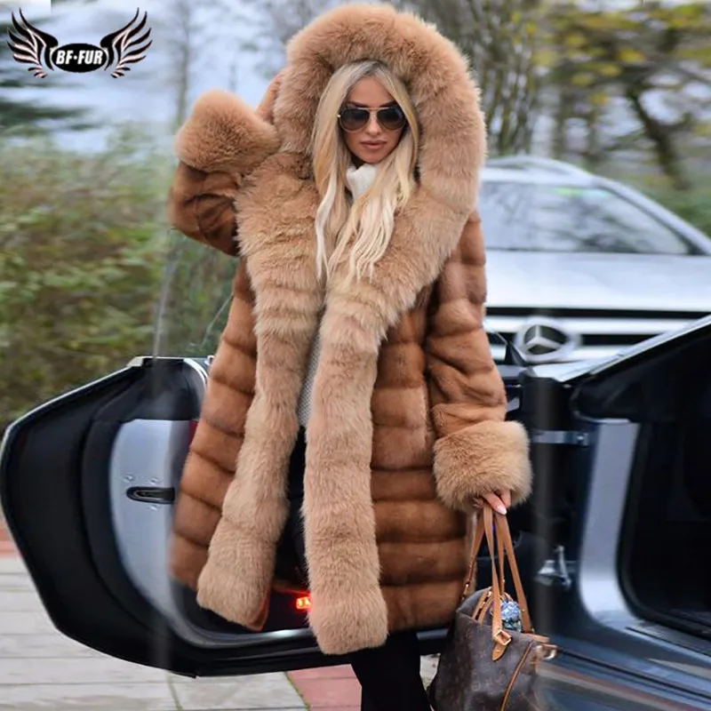 Luxury Fashion Women Genuine Mink Fur Coat Long With Big Hood Natuarl Full Pelt Real Mink Fur Jacket With Fox Fur Collar Cuff