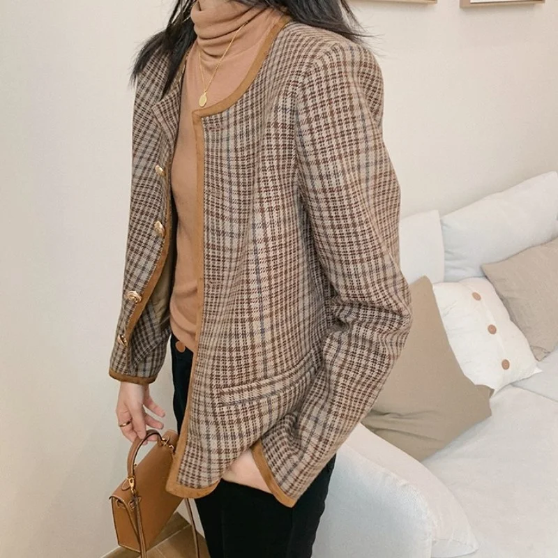 

O-Neck Women Plaid Wool Cardigan Coat Autumn Winter Loose Single Breasted Straight Jacket Casual Office Lady Outerwear S-L