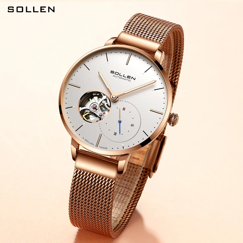 New Switzerland Luxury Brand SOLLEN Automatic Mechanical Women\'s Watches Waterproof Dual Skeleton Mesh Band Ladies Clocks SL418