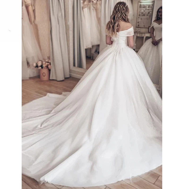 Luxury beaded off the shoulder Wedding Dresses Short Sleeve Back Lace up Court Train Formal Bridal Gowns Tailor-made Dress