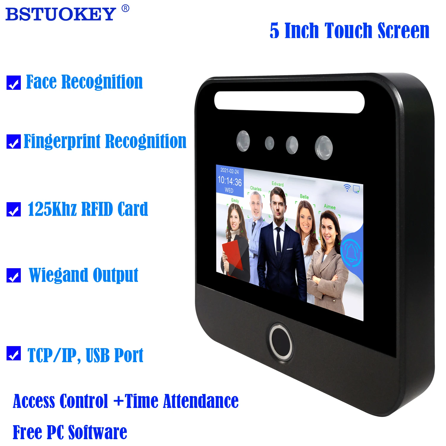 

5 inch Touch Screen Employe Time Attendance Dynamic Face Recognition Device TCP/IP USB Fingerprint Access Control 125Khz RFID