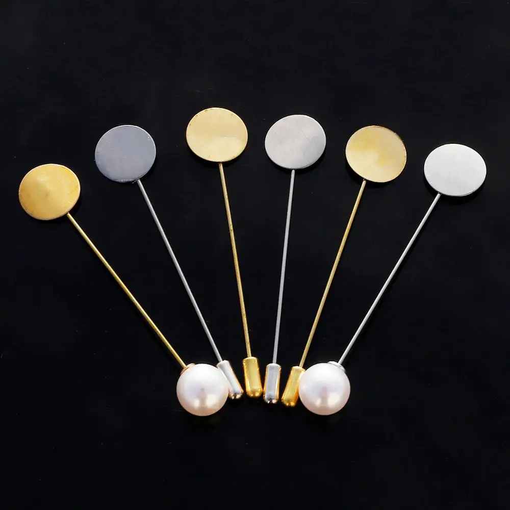 10pcs Gold Rhodium Pearl Alloy Long Brooch Pin Base Blank Tray Bezels Brooches For DIY Lapel Dress Jewelry Making Accessories