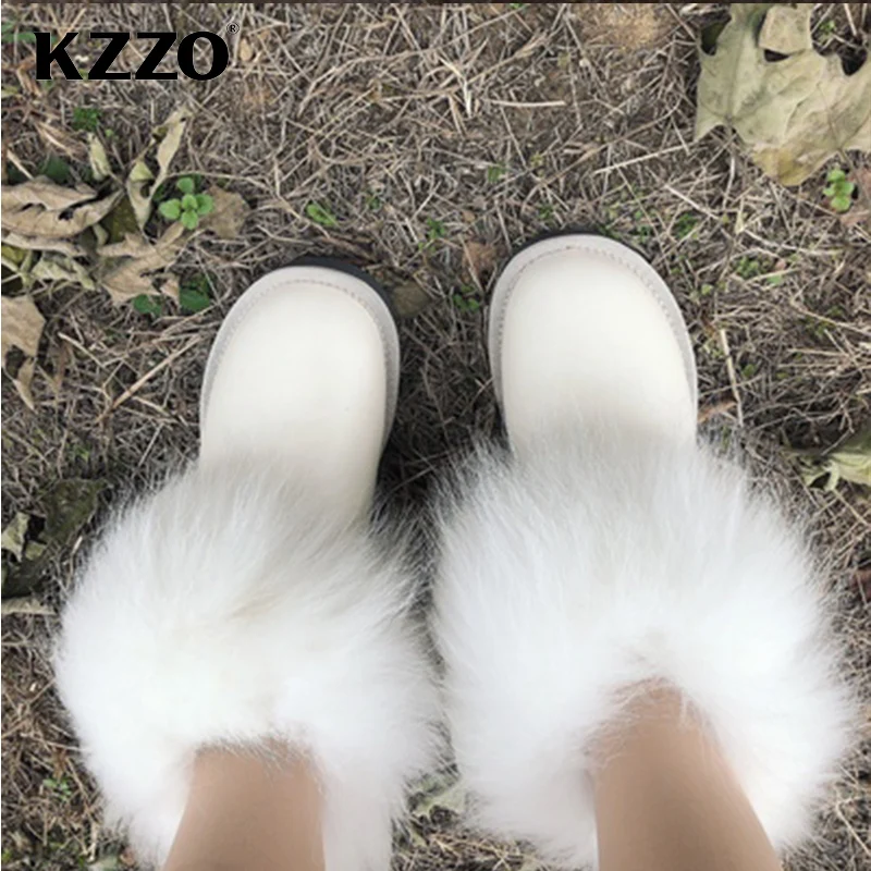 KZZO Fashion Style Natural Real Fox Fur Women Snow Boots Genuine Leather Wool Lined Ankle Winter Warm Shoes Waterproof White