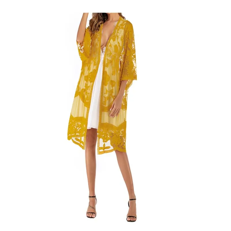 Sexy Beach Bikini Cover up Dress Solido Pizzo Floreale Costume Da Bagno Coperture per Le Donne Più Il Formato Prospettiva Femminile della Protezione Solare Cardigan