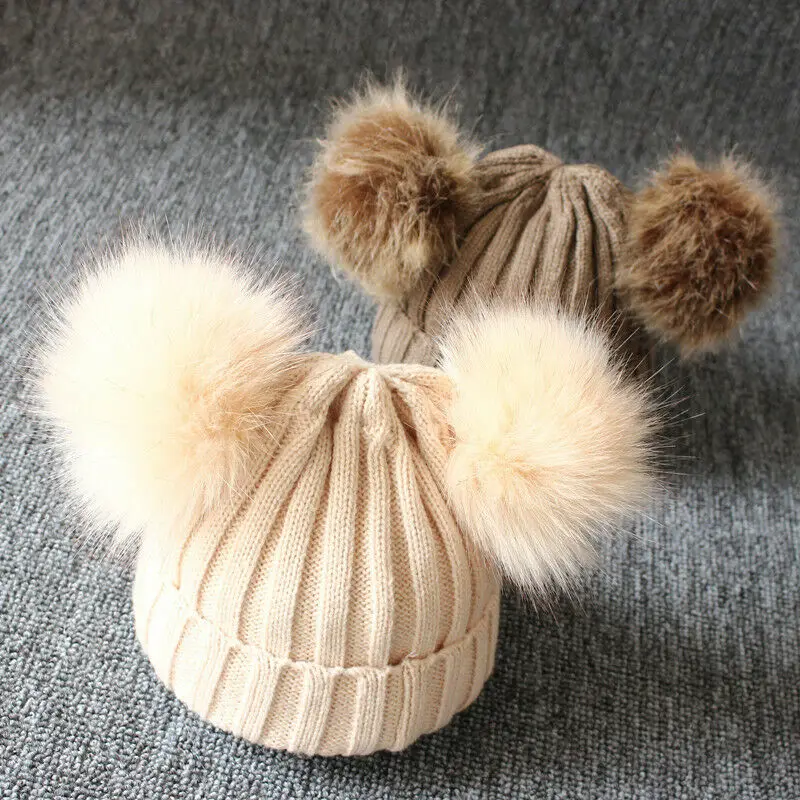 Newborn Baby Kids Girls Boys Winter Warm Knit Hat Furry Balls Pompom Solid Cute Lovely Beanie Cap Kids Fur Pom Hat Best Gifts