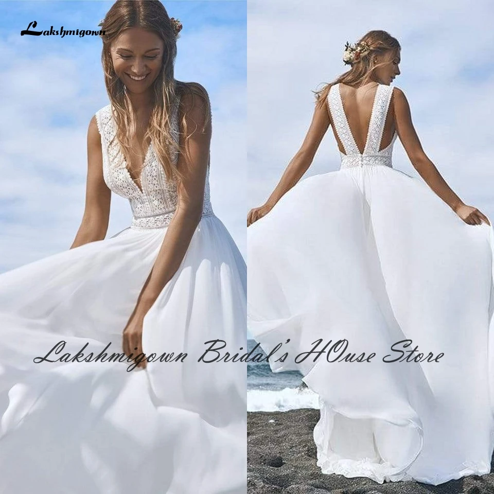 

Lakshmigown Sexy Bridal Boho Wedding Dress Beach Summer 2022 Boda Plunging Backless Civil Women A Line Wedding Dresses