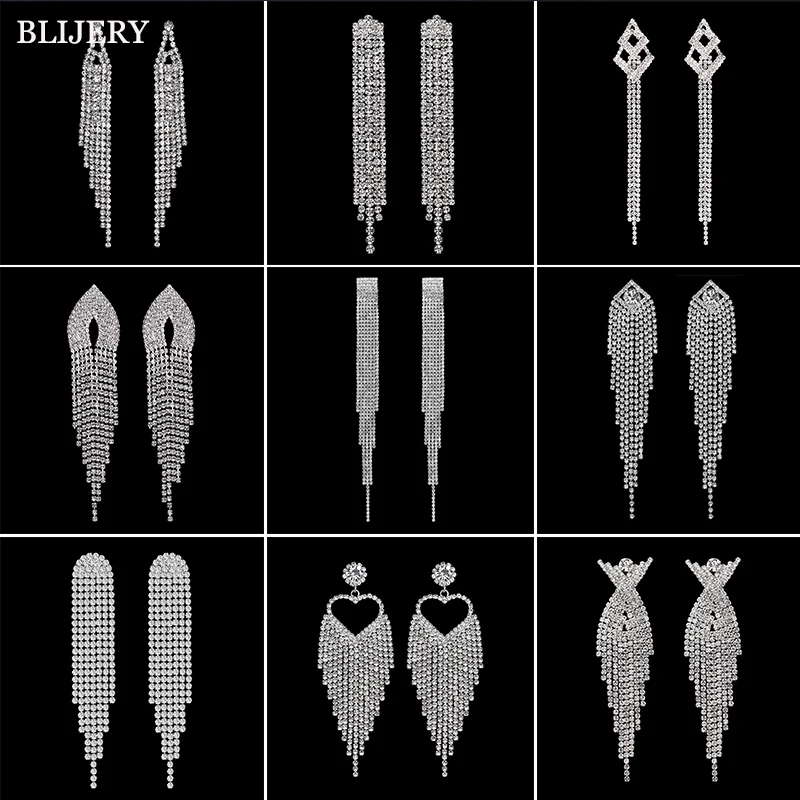 BLIJERY Fashion Rhinestone Crystal Long Tassel Earrings for Women Gifts Bridal Dangling Drop Earrings Brincos Wedding Jewelry