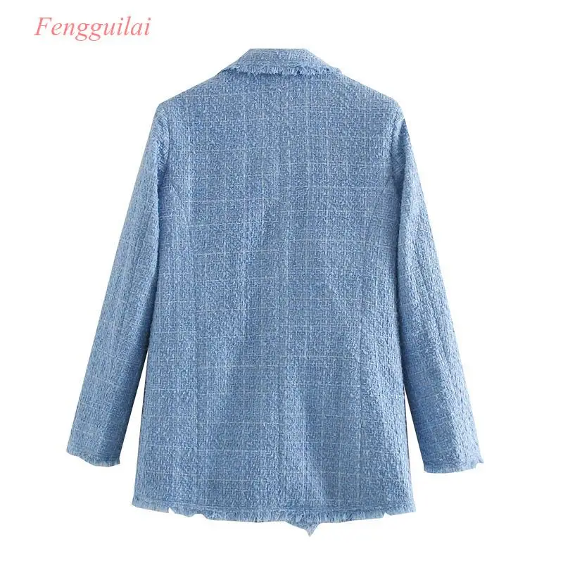 2020 blue twill tweed jacket vintage lattice women suit jackets ladies asymmetrical double breasted coat