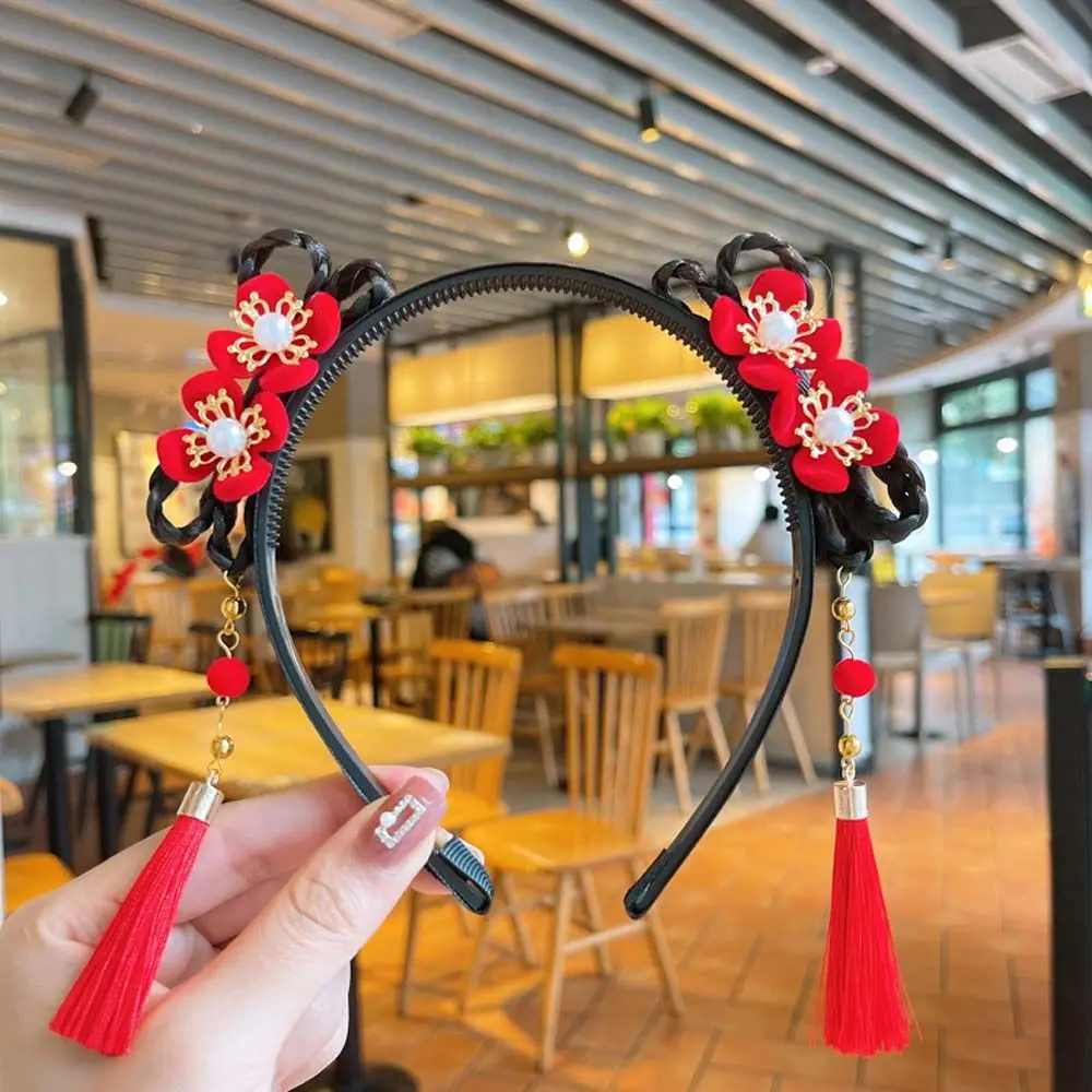 

Baby Elastic Pearl Bow Girls Pigtail Wig Tassel Children's Headband Chinese Style Hair Band Hanfu Hair Hoop New Year Headress