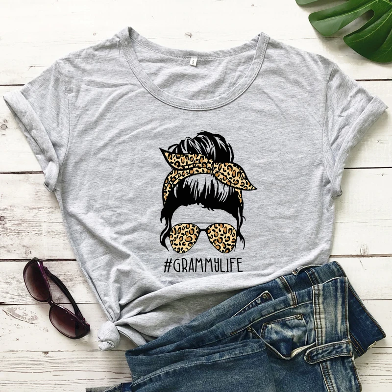 Leopard Skull Grammy Life T-shirt Funny Messy Bun Grandma Tee Shirt Top Vintage Mother's Day Gift Tshirt