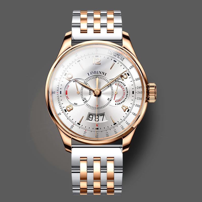 LOBINNI Luxury Dress Men Multi Function Watch Genuine Leather Strap Rose Gold Business Automatic Mechanical Watch