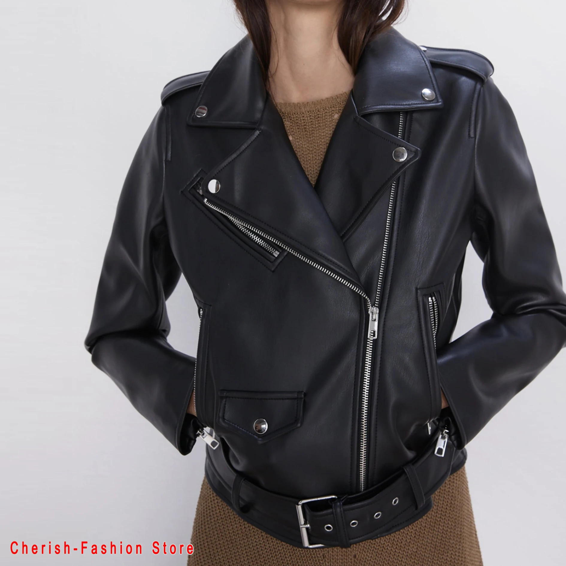 Nuove Donne di Autunno Inverno Nero Del Cuoio Del Faux Giubbotti Della Chiusura Lampo del Cappotto Di Base Turn-giù il Collare Motor Biker Jacket Con La Cinghia outwear Top