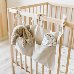 HappyFlute Linen Double Pocket Multifunctional Crib Storage, Diaper,Towel, MolarToy Baby Carriage Bag