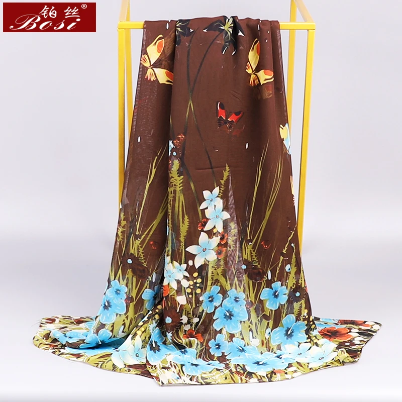 BOSI Chiffon Scarf  Woman Satin Long Scarves Flower Print Plaid butterfly Beach Luxury Brand ladies Hijab Head Stoles Spring