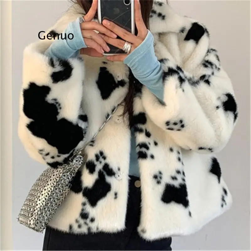 Women's Faux Raccoon Fur Coats 2020 New Winter Black White Cow Loose Female Imitate Mink-like Plush Coats Lady Trendy Jackets