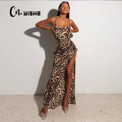 CNYISHE Leopard Long Dress Women Sexy Off the Shoulder Backless Split Party Dresses Female Robe Winter Maxi Dress Women Sundress